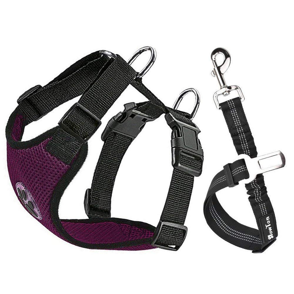 Slowton Arnés del coche del perro correa para el conector, multifuncional chaleco ajustable chaleco doble tela de malla transpirable con cinturón de seguridad del vehículo para el vehículo para perros viajes Walking Trip (Large, Burgundy)